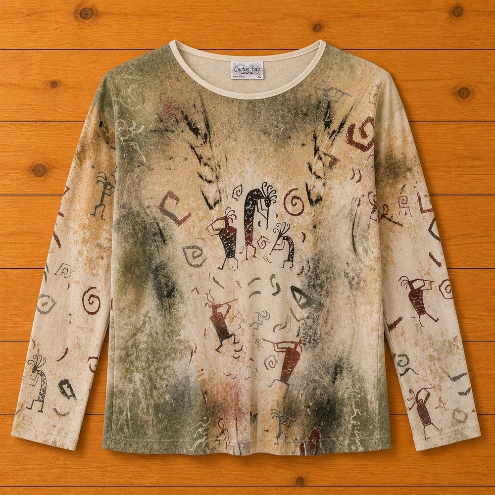 Cactus Bay Womens XL Kokopelli Petroglyph‎ Top Rhinestone Cotton Southwest Tan